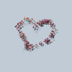 Decorative sweet heart composed of small flowers with shadow on bright blue gray background