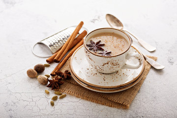 Masala tea in cup with winter spices