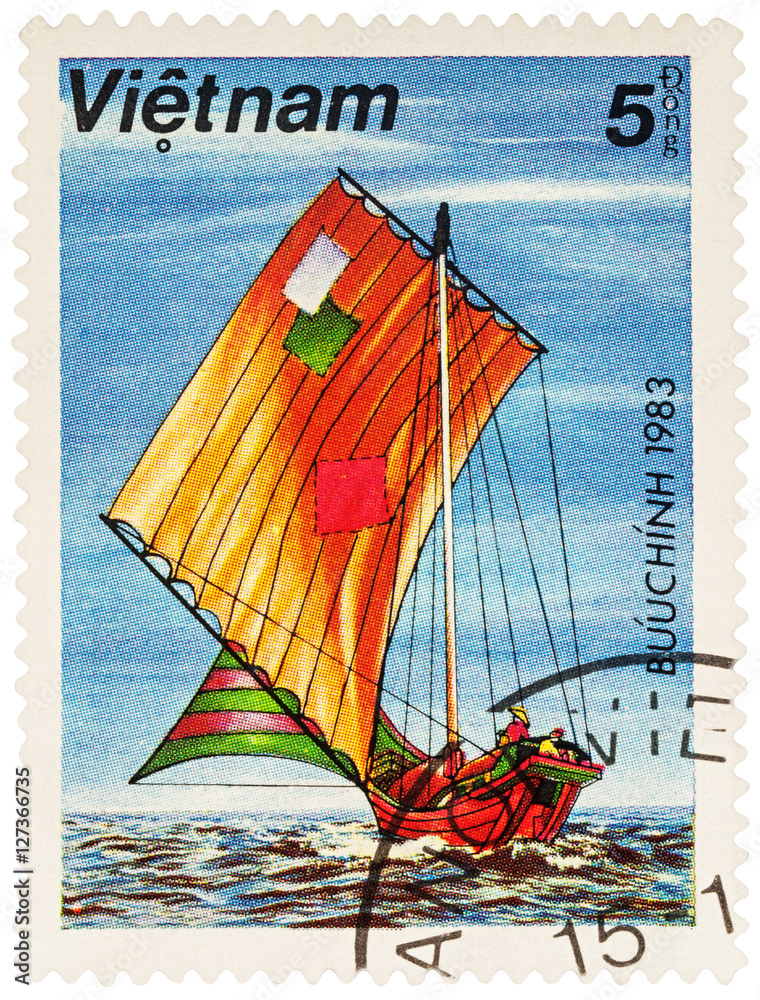 Sticker Old Asian sailing boat on postage stamp