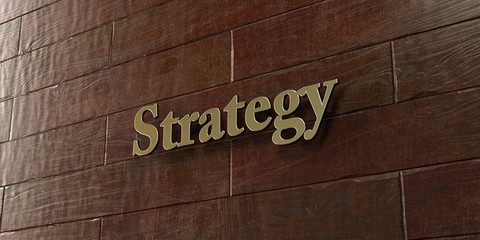 Strategy - Bronze plaque mounted on maple wood wall  - 3D rendered royalty free stock picture. This image can be used for an online website banner ad or a print postcard.
