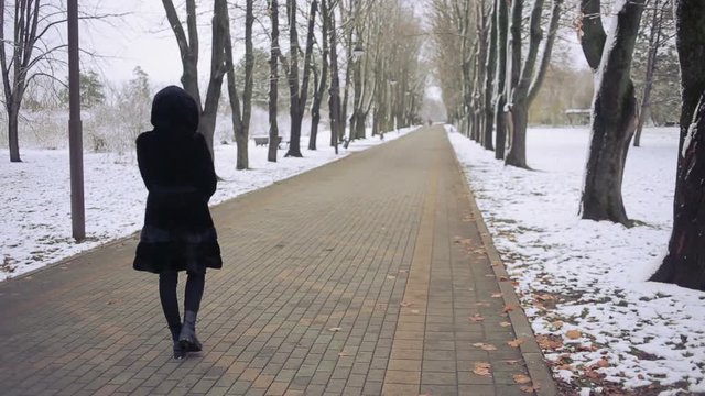 Young beautiful woman in stylish mink coat on a background of a winter park