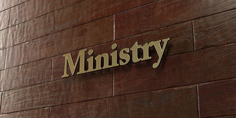 Ministry - Bronze plaque mounted on maple wood wall  - 3D rendered royalty free stock picture. This image can be used for an online website banner ad or a print postcard.