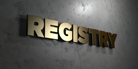 Registry - Gold sign mounted on glossy marble wall  - 3D rendered royalty free stock illustration. This image can be used for an online website banner ad or a print postcard.