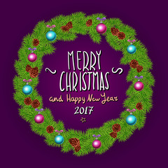 Merry Christmas And Happy New Year 2017 Vintage Background With Typography White card with Christmas wreath. Vector illustration.