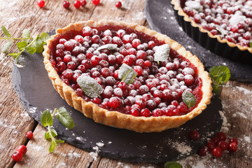 cranberry tart with jam, powdered sugar and mint close-up. Horizontal