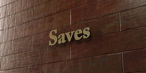 Saves - Bronze plaque mounted on maple wood wall  - 3D rendered royalty free stock picture. This image can be used for an online website banner ad or a print postcard.