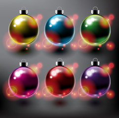 Set of 6 color Christmas balls. Design elements for holiday cards. Glossy and isolated with realistic light and shadow on the dark panel. Vector illustration. Eps 10.