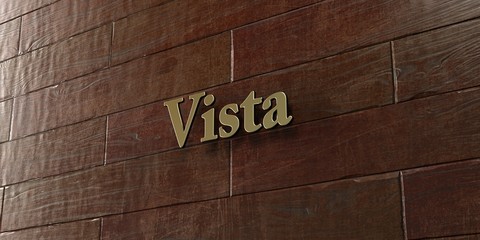 Vista - Bronze plaque mounted on maple wood wall  - 3D rendered royalty free stock picture. This image can be used for an online website banner ad or a print postcard.
