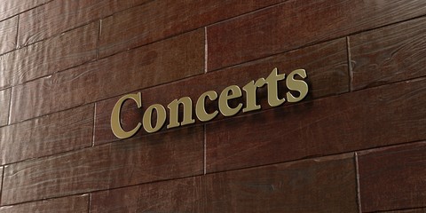 Concerts - Bronze plaque mounted on maple wood wall  - 3D rendered royalty free stock picture. This image can be used for an online website banner ad or a print postcard.