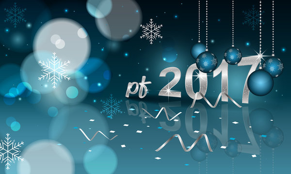 PF 2017 blurred background with hanging bauble, confetti and snowflakes.