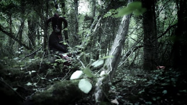4k Halloween Shot of a Child in Joker Costume Hiding in Woods