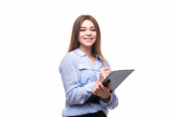 Fototapeta premium Girl with blank over white background