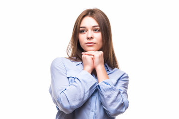 Portrait of girl with hands near face on white