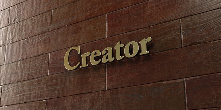 Creator - Bronze plaque mounted on maple wood wall  - 3D rendered royalty free stock picture. This image can be used for an online website banner ad or a print postcard.