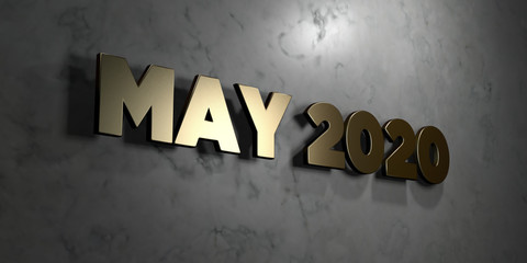 May 2020 - Gold sign mounted on glossy marble wall  - 3D rendered royalty free stock illustration. This image can be used for an online website banner ad or a print postcard.