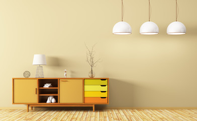 Modern interior of living room with wooden dresser 3d rendering