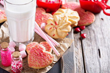 Valentine's day cookies with milk