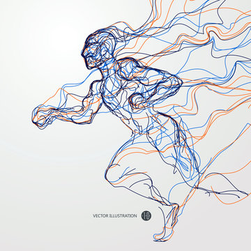 Running man, colored lines drawing, vector illustration.