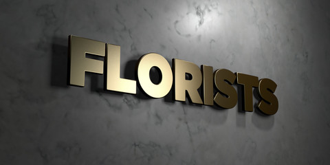 Florists - Gold sign mounted on glossy marble wall  - 3D rendered royalty free stock illustration. This image can be used for an online website banner ad or a print postcard.