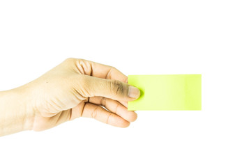 Woman hand holding blank notepaper on  white background