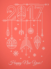 New Year greeting card template with 2017 sign and decorations
