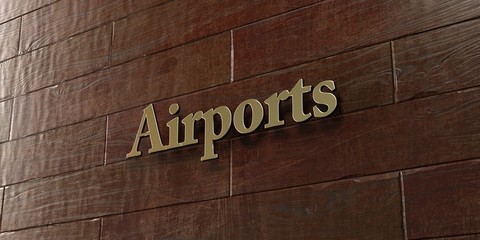 Airports - Bronze plaque mounted on maple wood wall  - 3D rendered royalty free stock picture. This image can be used for an online website banner ad or a print postcard.