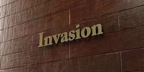 Fototapeta na wymiar Invasion - Bronze plaque mounted on maple wood wall - 3D rendered royalty free stock picture. This image can be used for an online website banner ad or a print postcard.