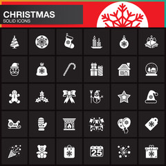 Christmas Holiday vector icons set, modern solid symbol collection, filled pictogram pack isolated on black, logo illustration