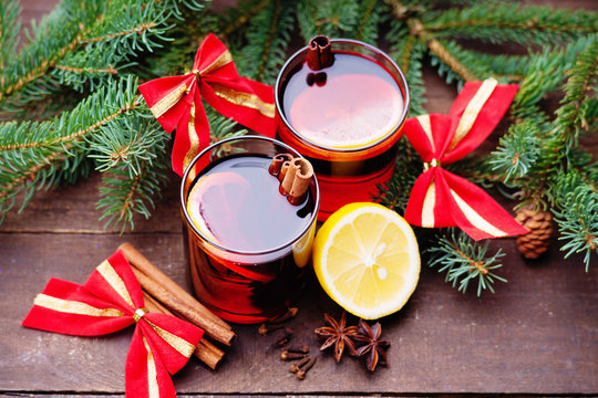 Hot mulled wine with spices and lemon 