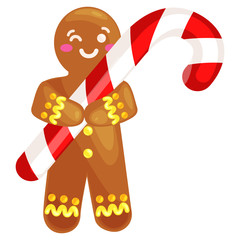 christmas cookies gingerbread man decorated with icing holding a candy xmas sweet food vector illustration