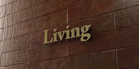 Living - Bronze plaque mounted on maple wood wall  - 3D rendered royalty free stock picture. This image can be used for an online website banner ad or a print postcard.