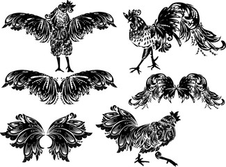 Fototapeta na wymiar black decorated roosters and wings isolated on white