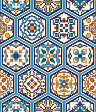 Vector seamless texture. Beautiful mega patchwork pattern for design and fashion with decorative elements in hexagon