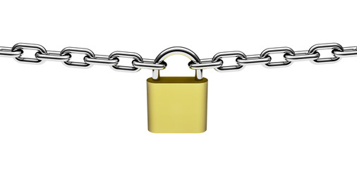 Padlock on chain on white background