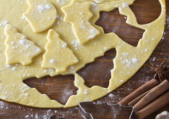 Christmas cookie dough, cookie cutters, spices and nuts