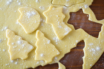 Christmas cookie dough, cookie cutters, spices and nuts