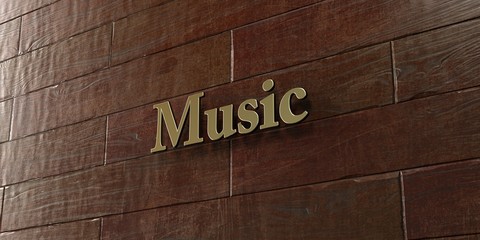 Music - Bronze plaque mounted on maple wood wall  - 3D rendered royalty free stock picture. This image can be used for an online website banner ad or a print postcard.