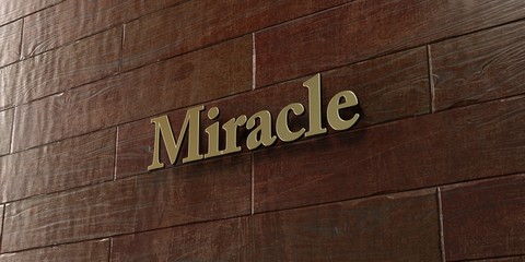 Miracle - Bronze plaque mounted on maple wood wall  - 3D rendered royalty free stock picture. This image can be used for an online website banner ad or a print postcard.