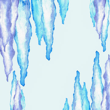 border of watercolor icicles on light blue background with copy space 