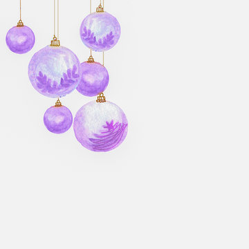 Hanging violet watercolor christmas balls isolated on white background