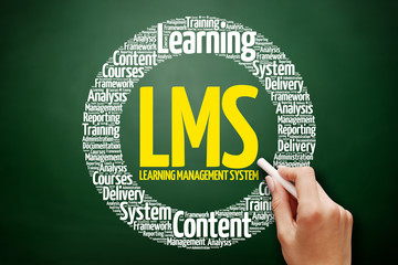 Learning Management System (LMS) word cloud collage, business concept on blackboard
