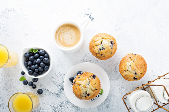 Bright and airy breakfast with blueberry muffin