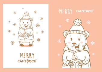 Christmas cards set with cute cartoon bears. Winter time. Snow day. Funny  little animals in clothes. Merry Christmas!  Vector contour image. Children's illustration.