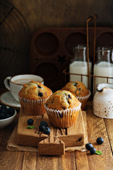 Freshly baked blueberry muffins in a rustic setting