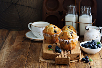 Freshly baked blueberry muffins in a rustic setting
