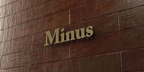 Minus - Bronze plaque mounted on maple wood wall  - 3D rendered royalty free stock picture. This image can be used for an online website banner ad or a print postcard.