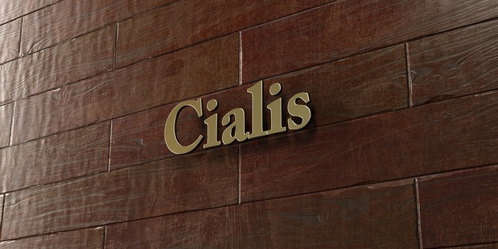 Cialis - Bronze plaque mounted on maple wood wall  - 3D rendered royalty free stock picture. This image can be used for an online website banner ad or a print postcard.