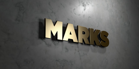 Marks - Gold sign mounted on glossy marble wall  - 3D rendered royalty free stock illustration. This image can be used for an online website banner ad or a print postcard.