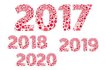 2017 2018 2019 2020 Happy New Year red and pink bubbles vector isolated symbols