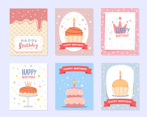 Vector set of colorful illustration. Happy birthday template pos